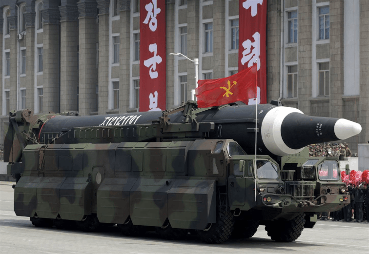 What is likely to be the Hwasong-12 IRBM being displayed during an April 2017 parade in Pyongyang. (Wong Maye-E / Associated Press)
